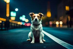 un' cane seduta su il strada a notte. ai-generato foto