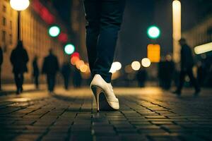 un' donna di gambe nel alto tacchi a piedi giù un' strada a notte. ai-generato foto