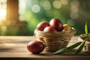 Pasqua uova nel un' cestino su un' tavolo. ai-generato foto