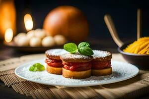 tre piccolo torte con crema e zucchero su un' piatto. ai-generato foto