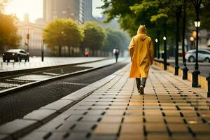 un' persona a piedi giù un' strada nel un' giallo impermeabile. ai-generato foto