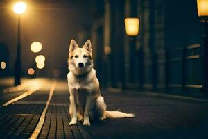 foto sfondo il strada, cane, notte, luci, strada, luci, strada, luci,. ai-generato