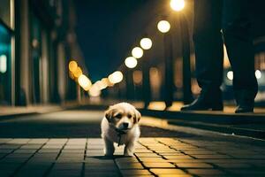 un' cucciolo a piedi su un' strada a notte. ai-generato foto