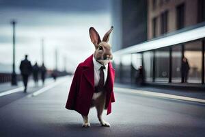 un' coniglio indossare un' rosso cappotto e legare. ai-generato foto