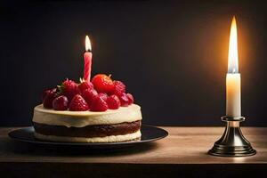 un' torta con frutti di bosco e un' candela. ai-generato foto