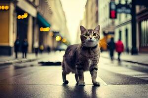 un' gatto è a piedi giù un' città strada. ai-generato foto