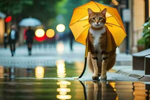 un' gatto a piedi nel il pioggia con un ombrello. ai-generato foto