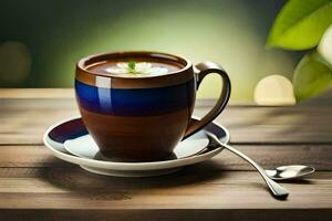 un' tazza di caffè su un' di legno tavolo. ai-generato foto