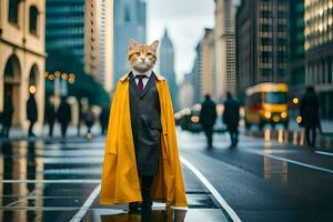 un' gatto vestito come un' supereroe nel un' giallo impermeabile. ai-generato foto