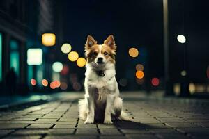 un' cane seduta su il strada a notte. ai-generato foto