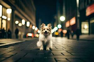 un' cane in piedi su un' strada a notte. ai-generato foto