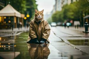 un' gatto nel un' impermeabile seduta su il terra. ai-generato foto