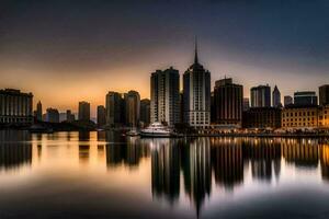 il città orizzonte è riflessa nel il acqua a tramonto. ai-generato foto