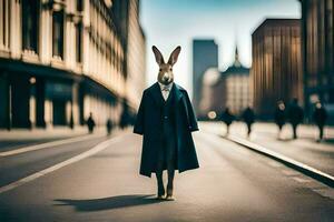 un' coniglio nel un' cappotto e cravatta in piedi nel il mezzo di un' città strada. ai-generato foto