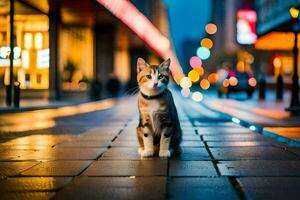 un' gatto seduta su il marciapiede a notte. ai-generato foto