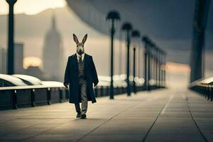 un' coniglio indossare un' completo da uomo e cravatta a piedi su un' ponte. ai-generato foto