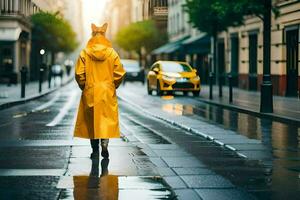un' donna nel un' giallo impermeabile a piedi giù un' strada. ai-generato foto