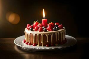 un' compleanno torta con un' singolo candela. ai-generato foto