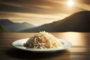 un' piatto di riso su un' tavolo con montagne nel il sfondo. ai-generato foto