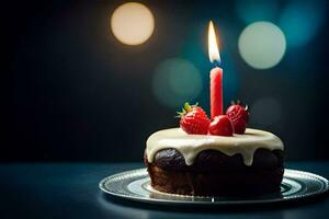 un' compleanno torta con un' singolo candela. ai-generato foto