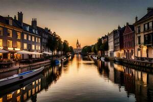 un' canale a tramonto con Barche e edifici. ai-generato foto