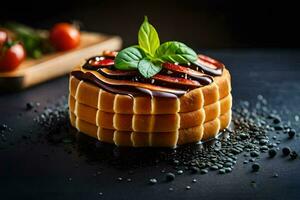 un' torta con cioccolato e basilico su un' nero sfondo. ai-generato foto