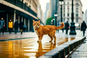 un arancia gatto è a piedi su un' bagnato strada. ai-generato foto