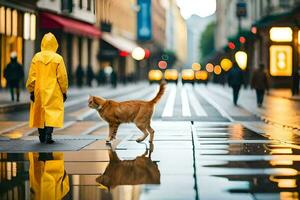 un' persona nel un' giallo impermeabile a piedi con un' gatto. ai-generato foto