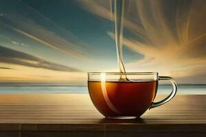 un' tazza di tè su il spiaggia. ai-generato foto