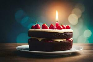 un' cioccolato torta con un' singolo candela su superiore. ai-generato foto