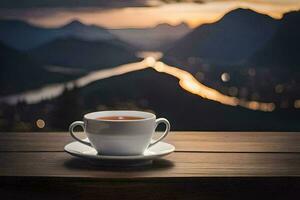 un' tazza di tè su un' di legno tavolo nel davanti di un' montagna Visualizza. ai-generato foto