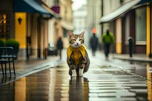 un' gatto nel un' giallo impermeabile a piedi giù un' bagnato strada. ai-generato foto