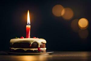 un' compleanno torta con un' illuminato candela. ai-generato foto