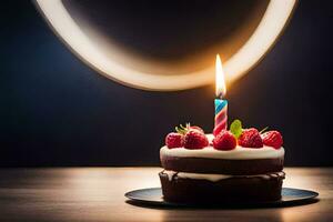 un' compleanno torta con un' illuminato candela. ai-generato foto