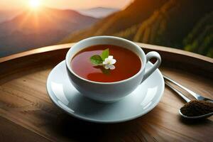 un' tazza di tè con un' fiore su il tavolo nel il montagne. ai-generato foto