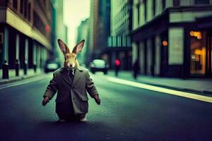 un' coniglio vestito nel un' completo da uomo e cravatta in piedi su il strada. ai-generato foto
