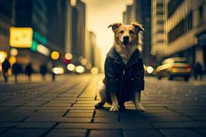 un' cane indossare un' giacca si siede su il strada. ai-generato foto