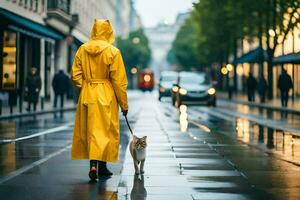 un' donna nel un' giallo impermeabile a piedi sua gatto su un' piovoso giorno. ai-generato foto