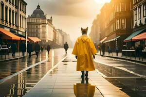 un' persona nel un' giallo impermeabile a piedi giù un' strada. ai-generato foto