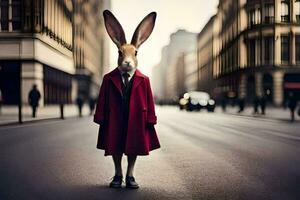 un' coniglio indossare un' rosso cappotto e cravatta in piedi su un' strada. ai-generato foto