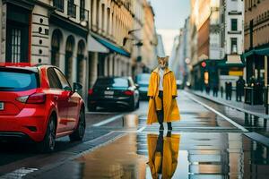 un' donna nel un' giallo cappotto è a piedi giù un' strada. ai-generato foto