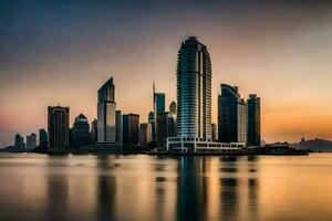 il città orizzonte a tramonto nel dubai. ai-generato foto