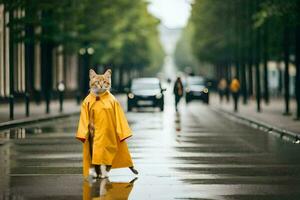 un' gatto nel un' impermeabile a piedi giù un' strada. ai-generato foto