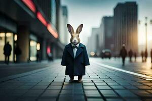 un' coniglio vestito nel un' completo da uomo e cravatta in piedi su un' città strada. ai-generato foto