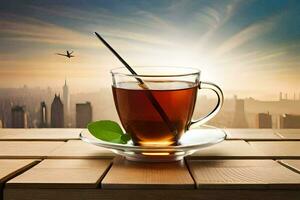 un' tazza di tè con un' bastone su il tavolo nel davanti di il città. ai-generato foto