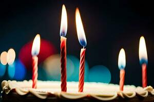 un' compleanno torta con illuminato candele. ai-generato foto