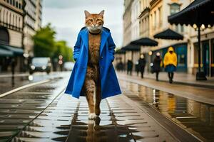 un' gatto nel un' blu cappotto a piedi su un' bagnato strada. ai-generato foto
