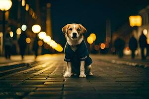 un' cane indossare un' giacca si siede su il strada a notte. ai-generato foto