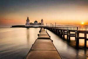 un' molo con un' Chiesa e un' faro a tramonto. ai-generato foto