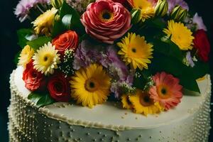 un' nozze torta con colorato fiori su superiore. ai-generato foto